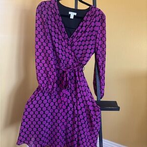 London Times Purple Polka Dot Long Sleeve Dress